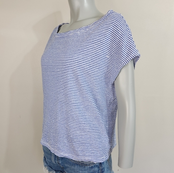 Tahari Blue Striped Linen Oversized Cropped Tee Shirt Size XL - Picture 6 of 9